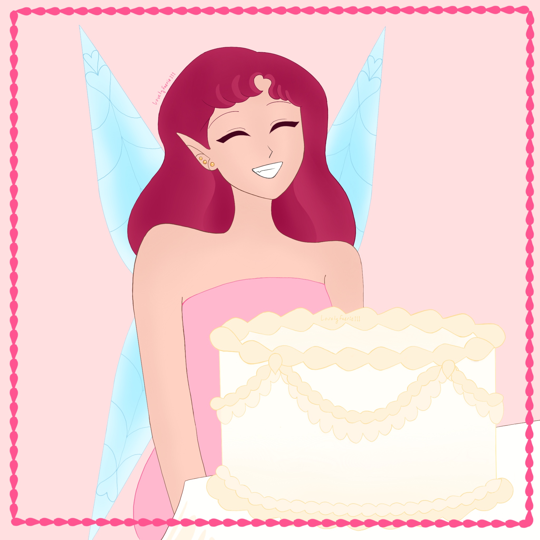 pink-haired fairy with birthday cake