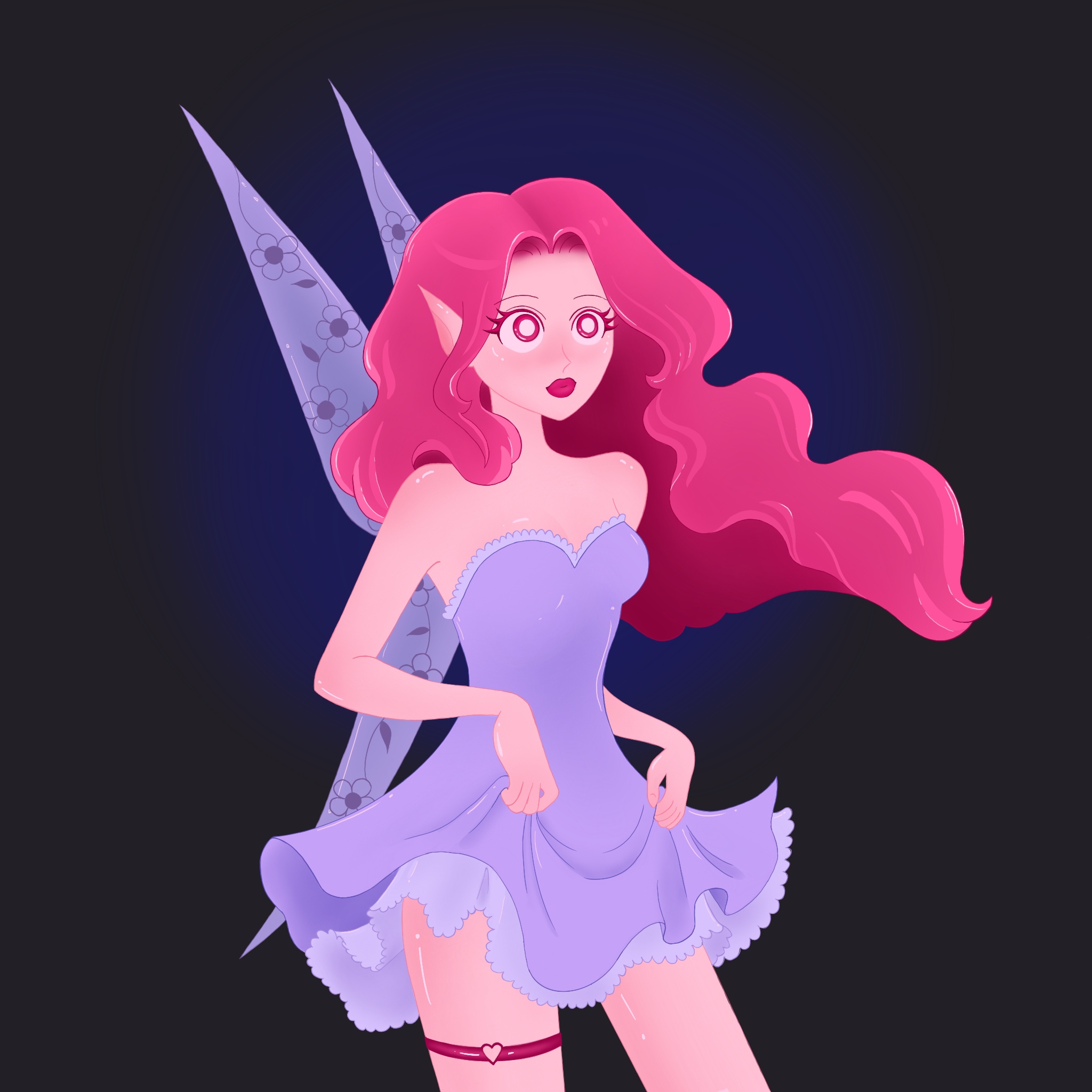 fairy in purple dress against dark background